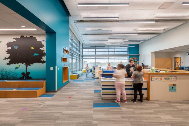 Library media center with students in the space