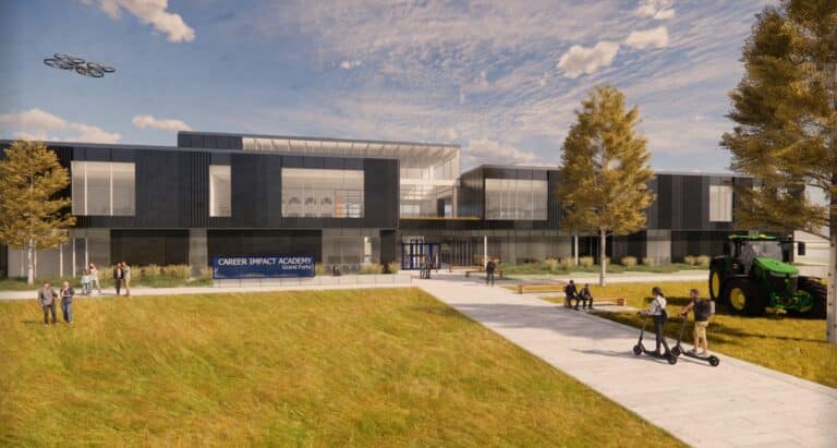 Rendering of the front entry of the Grand Forks career impact academy