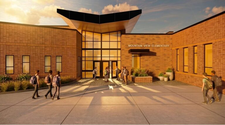 Entry to a new school with sun shining and children mingling in the front.