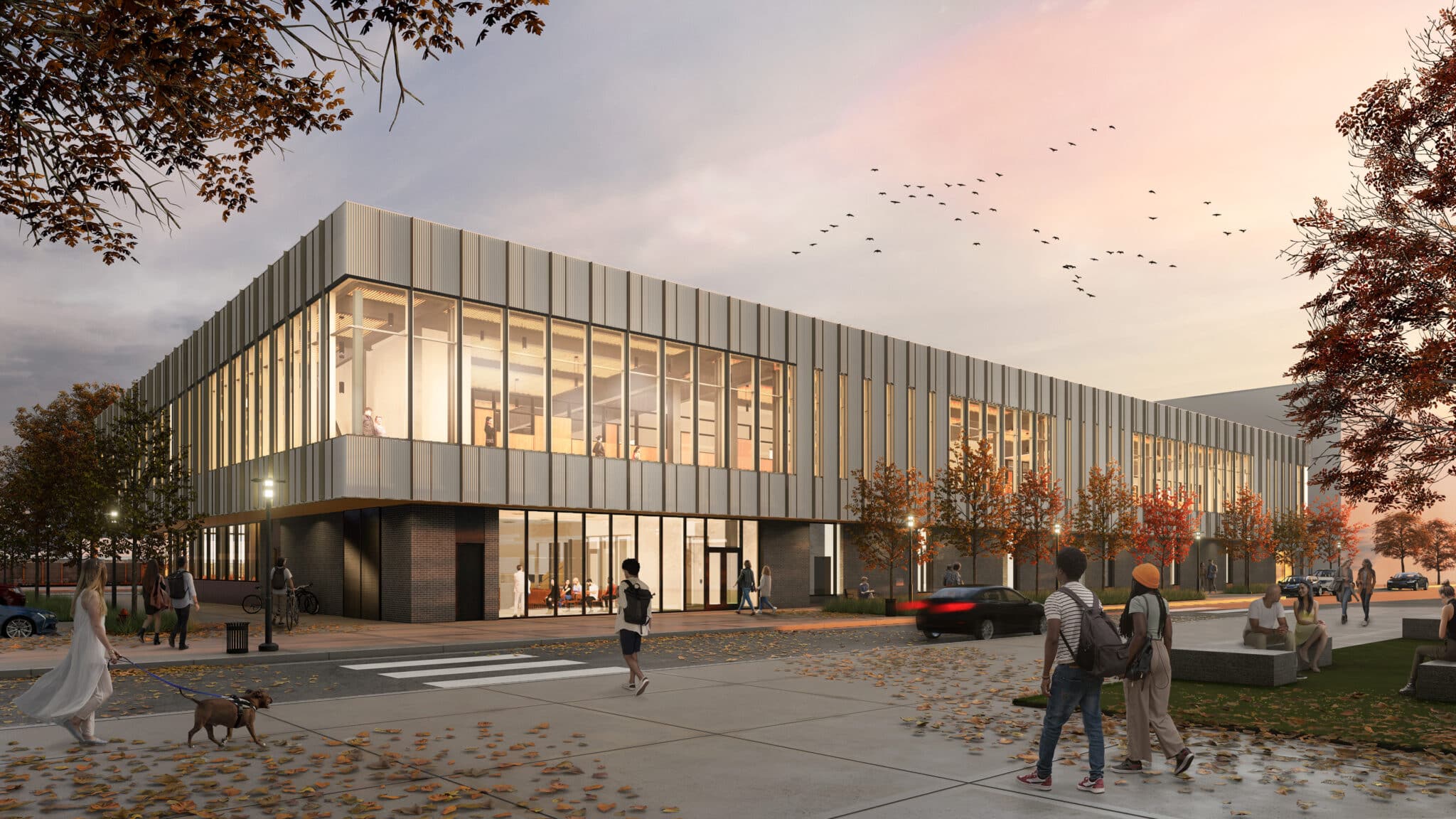 Rendering of a library from the corner of the building, with people surrounding the area with excitement