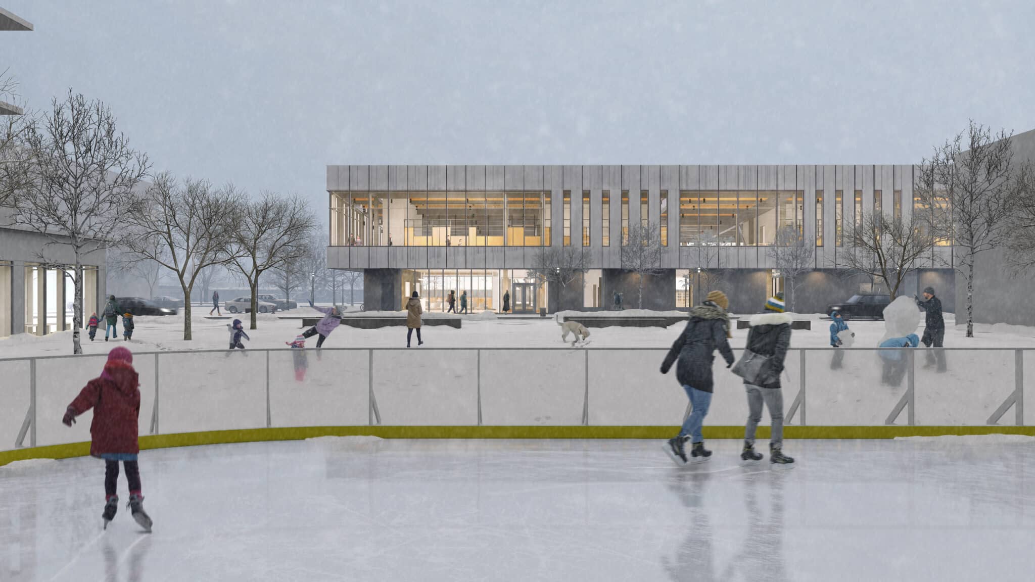 Exterior Rendering, Winter scene, ice skating outside the library