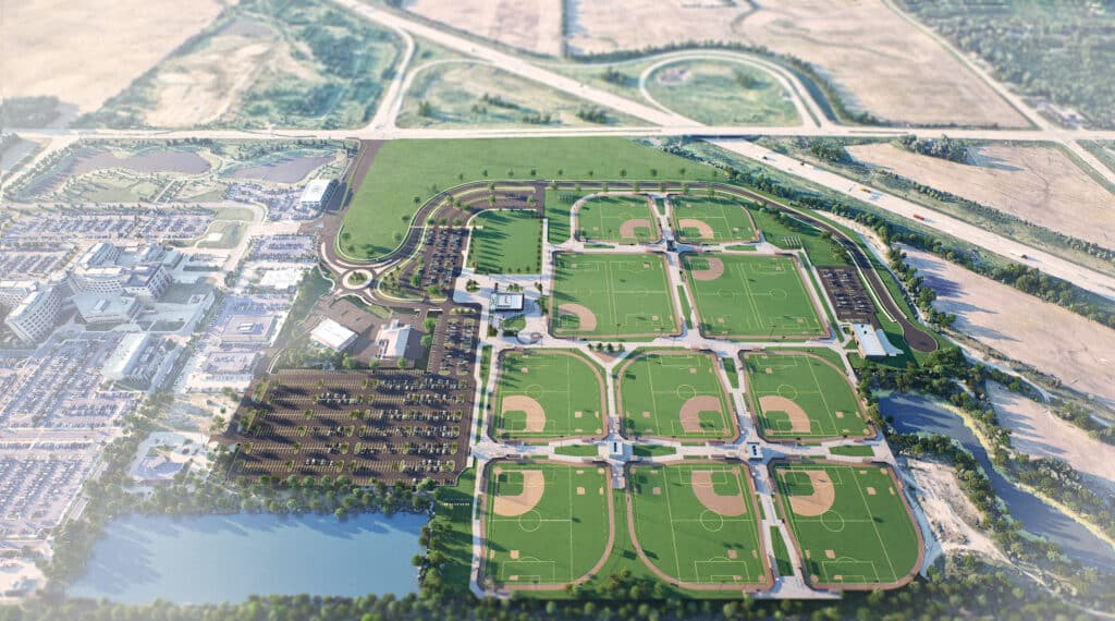 An aerial rendering of baseball fields