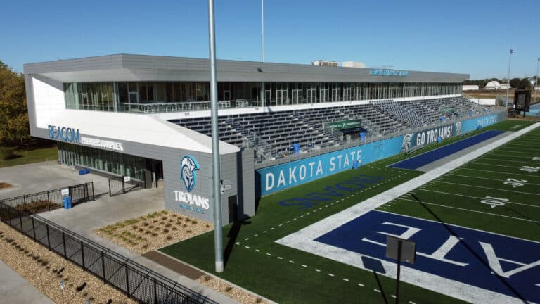 football field and bleachers at Dakota State University